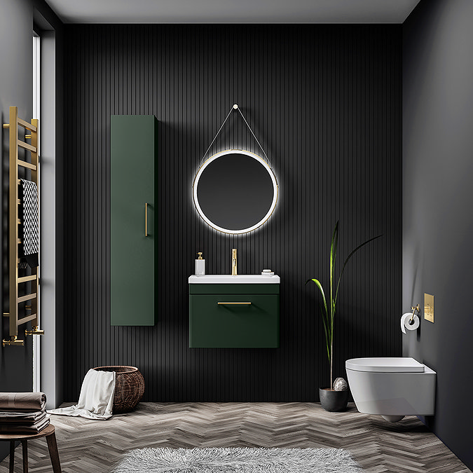 Arezzo 600 Matt Dark Green Wall Hung 1-Drawer Vanity Unit with Brushed Brass Handle