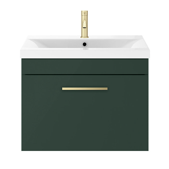 Arezzo 600 Matt Dark Green Wall Hung 1-Drawer Vanity Unit with Brushed Brass Handle