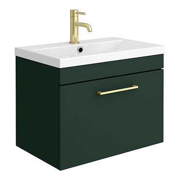 Arezzo 600 Matt Dark Green Wall Hung 1-Drawer Vanity Unit with Brushed Brass Handle