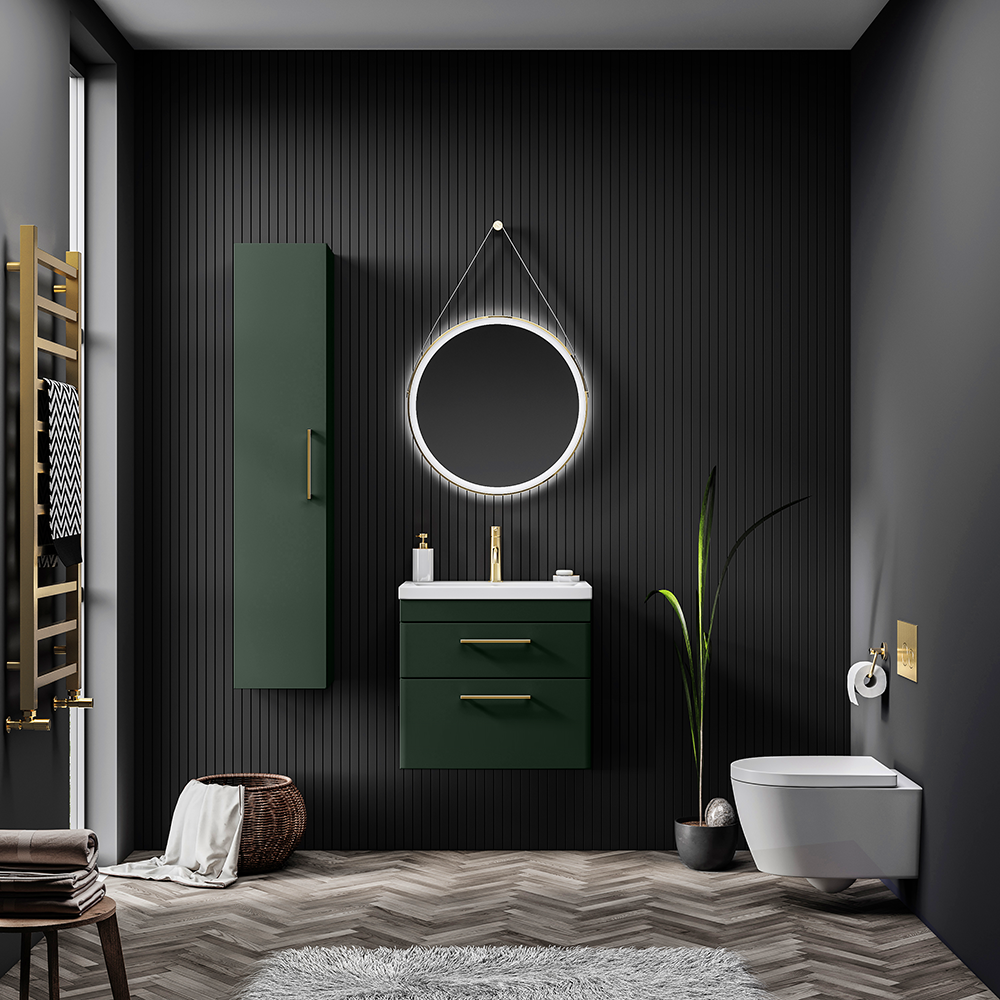 Arezzo 600 Matt Dark Green Wall Hung 2 Drawers Vanity Unit With Brushed