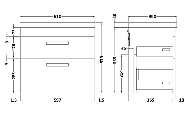 Arezzo 600 Matt Dark Green Wall Hung 2-Drawers Vanity Unit with Brushed Brass Handles