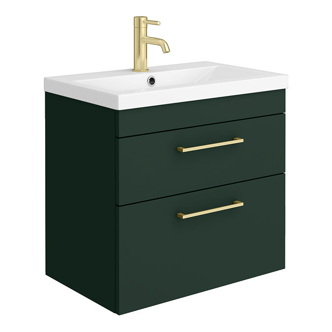 Arezzo 600 Matt Dark Green Wall Hung 2-Drawers Vanity Unit with Brushed Brass Handles