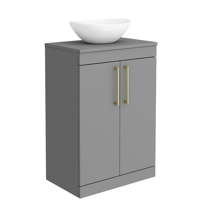 Arezzo 600 Matt Grey Floor Standing Vanity Unit with 410 x 330mm Oval Counter Top Basin + Brushed Br