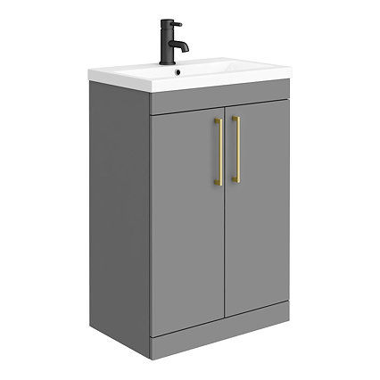 Arezzo 600 Matt Grey Floor Standing Vanity Unit with Brushed Brass Handles Large Image