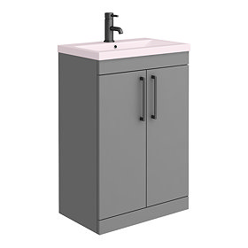 Arezzo 600 Matt Grey Floor Standing Vanity Unit with Matt Pink Basin + Black Handles Large Image