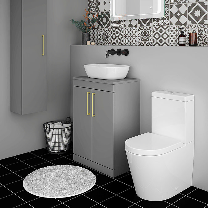 Arezzo 600 Matt Grey Floor Standing Vanity Unit with Worktop + Brushed Brass Handles Standard Large