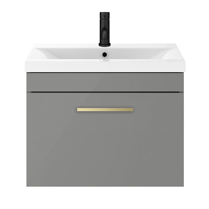 Arezzo 600 Matt Grey Wall Hung 1-Drawer Vanity Unit with Brushed Brass Handle In Bathroom Large Image