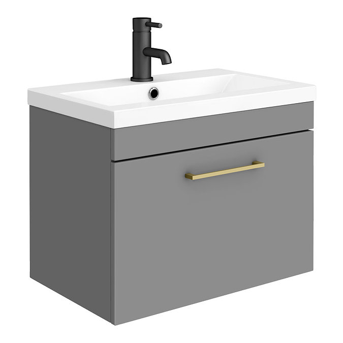 Arezzo 600 Matt Grey Wall Hung 1-Drawer Vanity Unit with Brushed Brass Handle Large Image