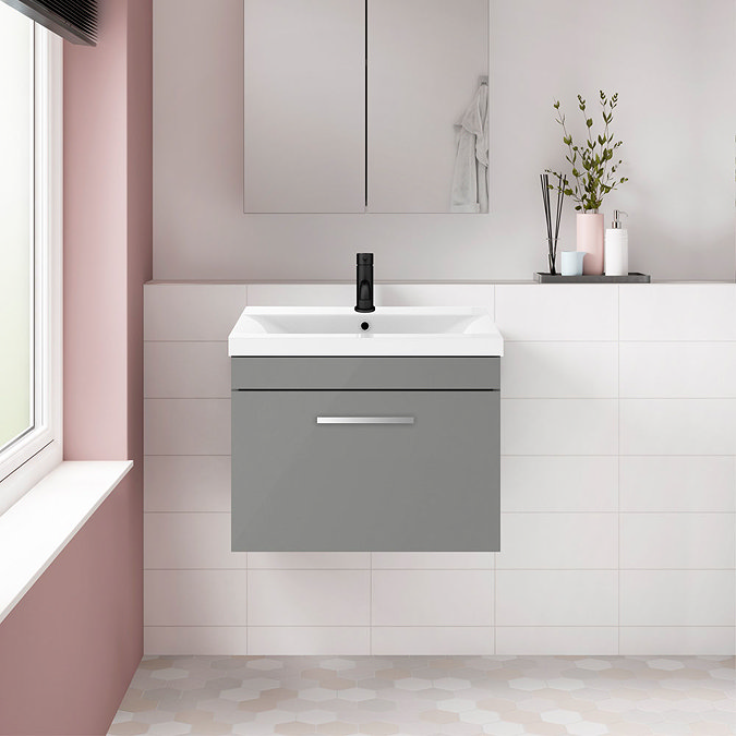 Arezzo 600 Matt Grey Wall Hung 1-Drawer Vanity Unit with Chrome Handle Feature Large Image