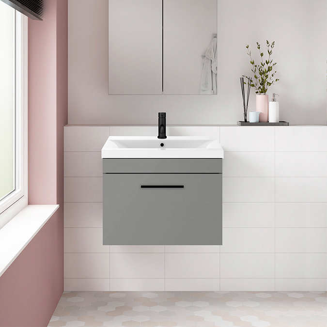 Arezzo 600 Matt Grey Wall Hung 1-Drawer Vanity Unit with Matt Black Handle Feature Large Image