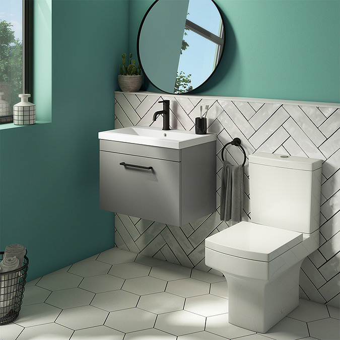 Arezzo 600 Matt Grey Wall Hung 1-Drawer Vanity Unit with Matt Black Handle Newest Large Image
