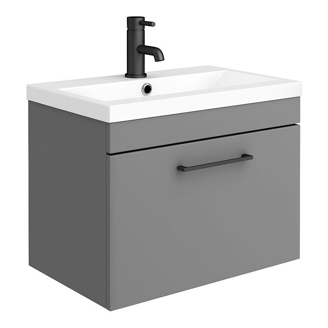 Arezzo 600 Matt Grey Wall Hung 1-Drawer Vanity Unit with Matt Black Handle Large Image