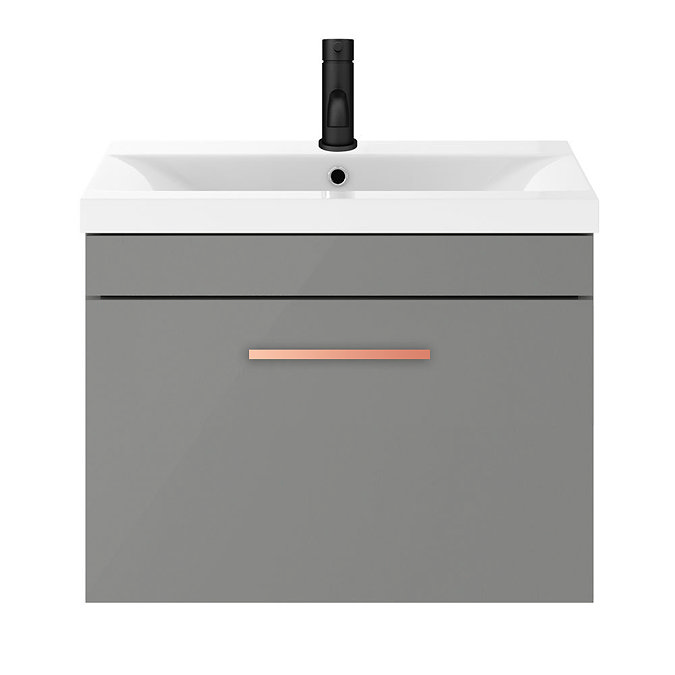 Arezzo 600 Matt Grey Wall Hung 1-Drawer Vanity Unit with Rose Gold Handle In Bathroom Large Image