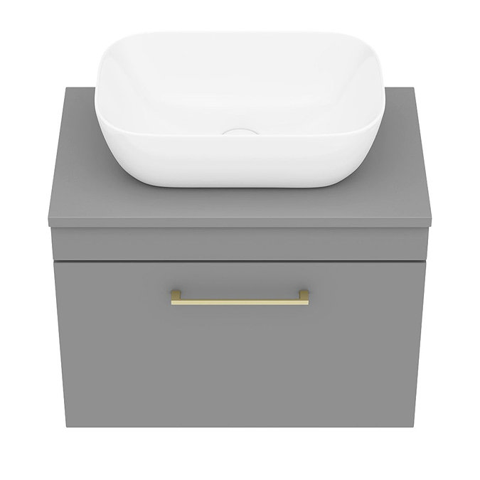 Arezzo Wall Hung Countertop Basin Unit - Grey with Brushed Brass Handle - 600mm inc. Basin In Bathroom Large Image