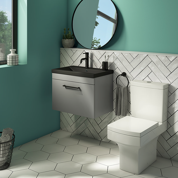 Arezzo 600 Matt Grey Wall Hung Vanity Unit with Matt Black Basin + Black Handle  Standard Large Imag