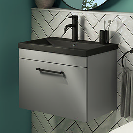 Arezzo 600 Matt Grey Wall Hung Vanity Unit with Matt Black Basin + Black Handle Large Image