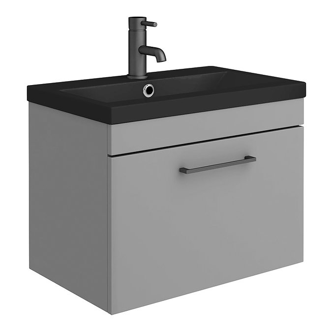 Arezzo 600 Matt Grey Wall Hung Vanity Unit with Matt Black Basin + Square Toilet Profile Large Image