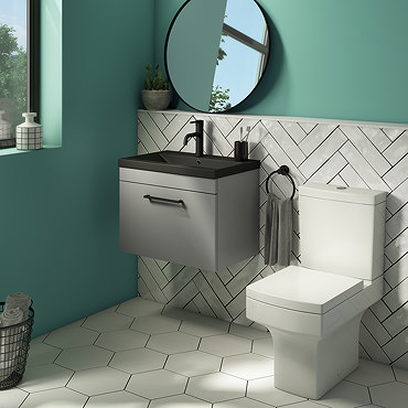 Arezzo 600 Matt Grey Wall Hung Vanity Unit with Matt Black Basin + Square Toilet  Profile Large Image