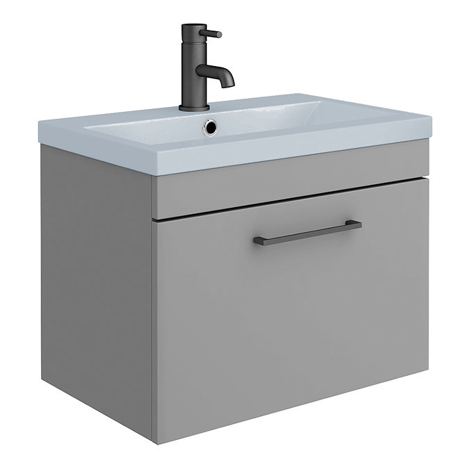 Arezzo 600 Matt Grey Wall Hung Vanity Unit with Matt Blue Basin + Black Handle In Bathroom Large Im