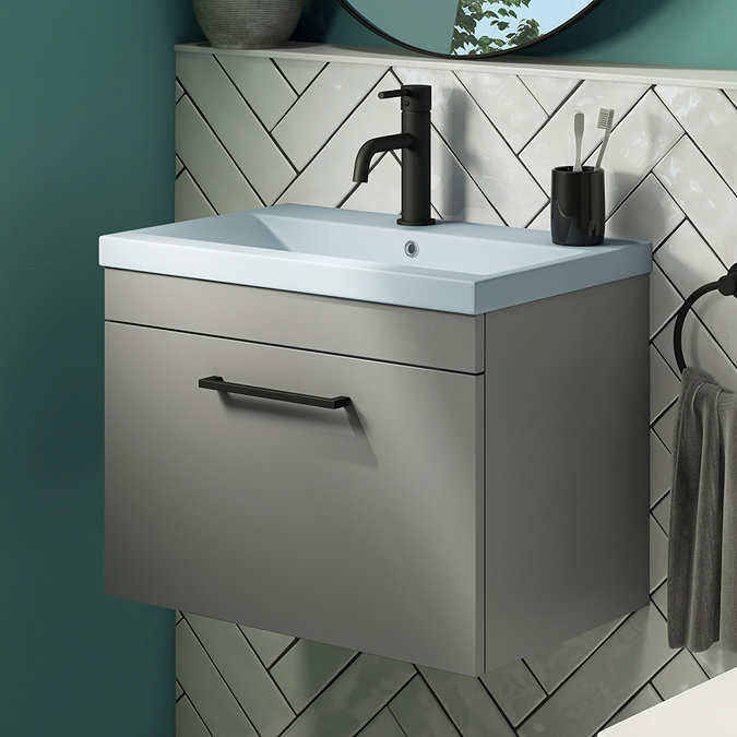 Arezzo 600 Matt Grey Wall Hung Vanity Unit with Matt Blue Basin + Black Handle Large Image