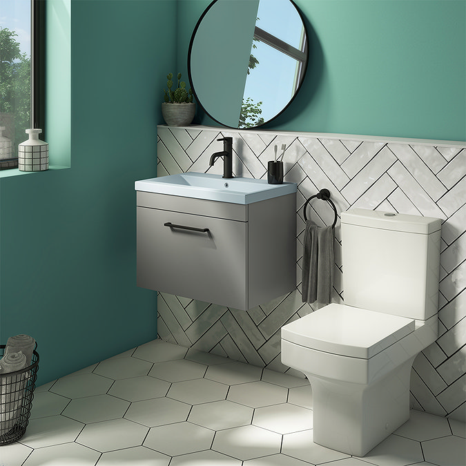 Arezzo 600 Matt Grey Wall Hung Vanity Unit with Matt Blue Basin + Square Toilet Large Image