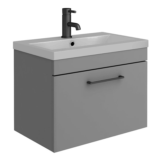 Arezzo 600 Matt Grey Wall Hung Vanity Unit with Matt Grey Basin + Black Handle  In Bathroom Large Image