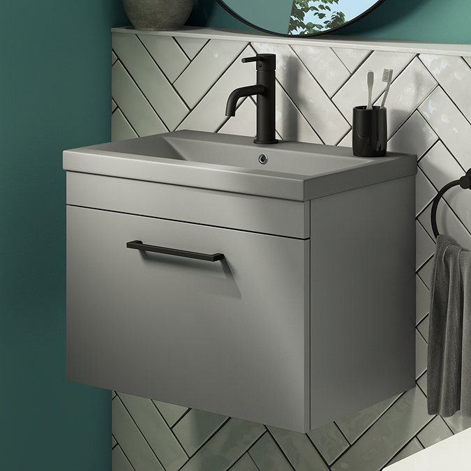 Arezzo 600 Matt Grey Wall Hung Vanity Unit with Matt Grey Basin + Black Handle Large Image