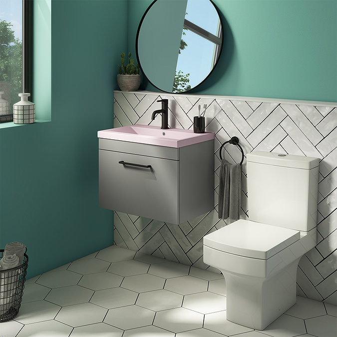 Arezzo 600 Matt Grey Wall Hung Vanity Unit with Matt Pink Basin + Black Handle  Standard Large Image