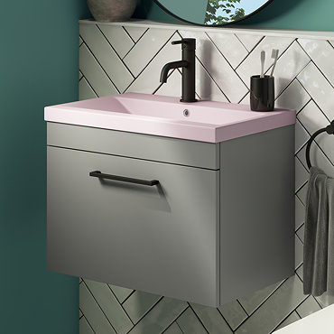 Arezzo 600 Matt Grey Wall Hung Vanity Unit with Matt Pink Basin + Black Handle  Profile Large Image