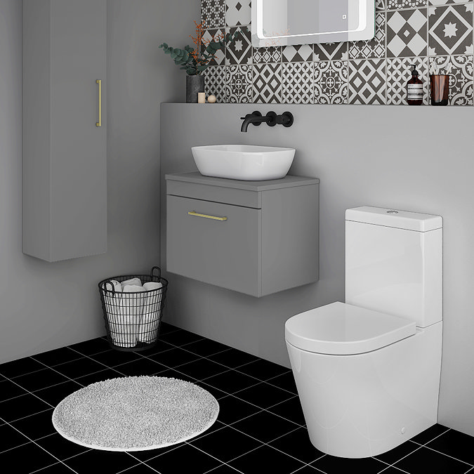 Arezzo 600 Matt Grey Wall Hung Vanity Unit with Worktop + Brushed Brass Handle Standard Large Image