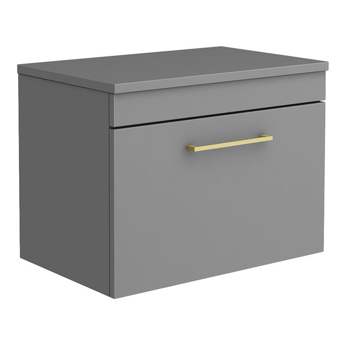 Arezzo 600 Matt Grey Wall Hung Vanity Unit with Worktop + Brushed Brass Handle Large Image