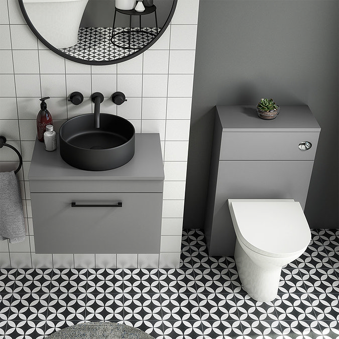 Arezzo 600 Matt Grey Wall Hung Vanity Unit with Worktop + Matt Black Handle  In Bathroom Large Image
