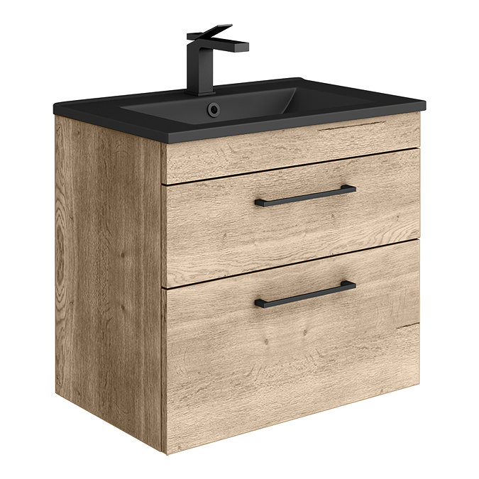 Arezzo 600 Rustic Oak Wall Hung 2-Drawer Vanity Unit with Matt Black Slimline Basin + Handles