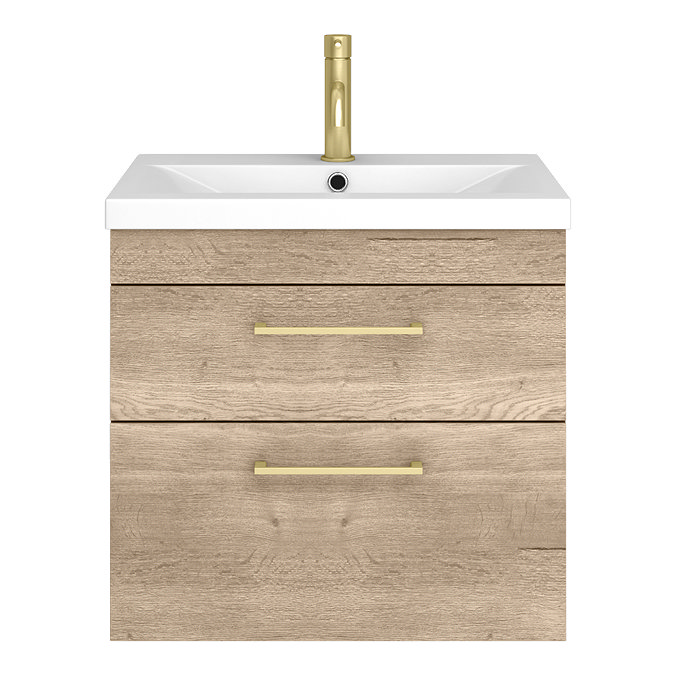 Arezzo 600 Rustic Oak Wall Hung 2-Drawers Vanity Unit with Brushed Brass Handles