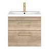 Arezzo 600 Rustic Oak Wall Hung 2-Drawers Vanity Unit with Brushed Brass Handles