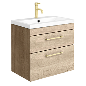 Arezzo 600 Rustic Oak Wall Hung 2-Drawers Vanity Unit with Brushed Brass Handles
