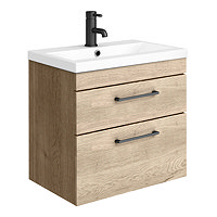 Arezzo 600 Rustic Oak Wall Hung 2-Drawers Vanity Unit with Matt Black Handles Large Image
