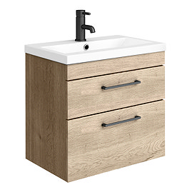 Arezzo 600 Rustic Oak Wall Hung 2-Drawers Vanity Unit with Matt Black Handles Large Image
