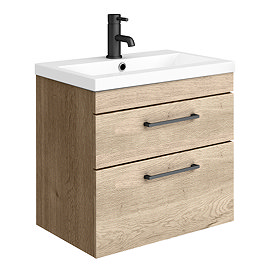 Arezzo 600 Rustic Oak Wall Hung 2-Drawers Vanity Unit with Matt Black Handles Large Image
