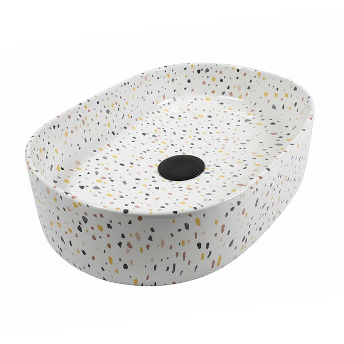 Arezzo Gloss White Terrazzo Effect Oval Countertop Basin – 600 x 380mm Ceramic Sink