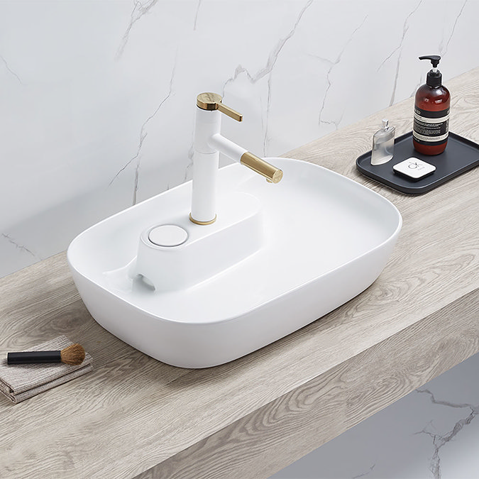 Arezzo 600 x 405mm Gloss White Curved Rectangular Countertop Basin with Tap Island Large Image