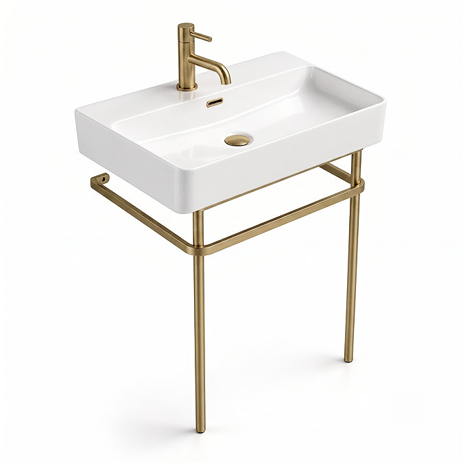 Arezzo 600 x 425mm Brushed Brass Washstand with Gloss White Ceramic Basin – 1 Tap Hole