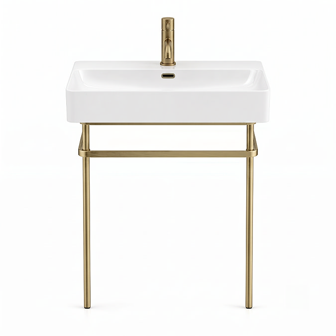Arezzo 600 x 425mm Brushed Brass Washstand with Gloss White Ceramic Basin – 1 Tap Hole