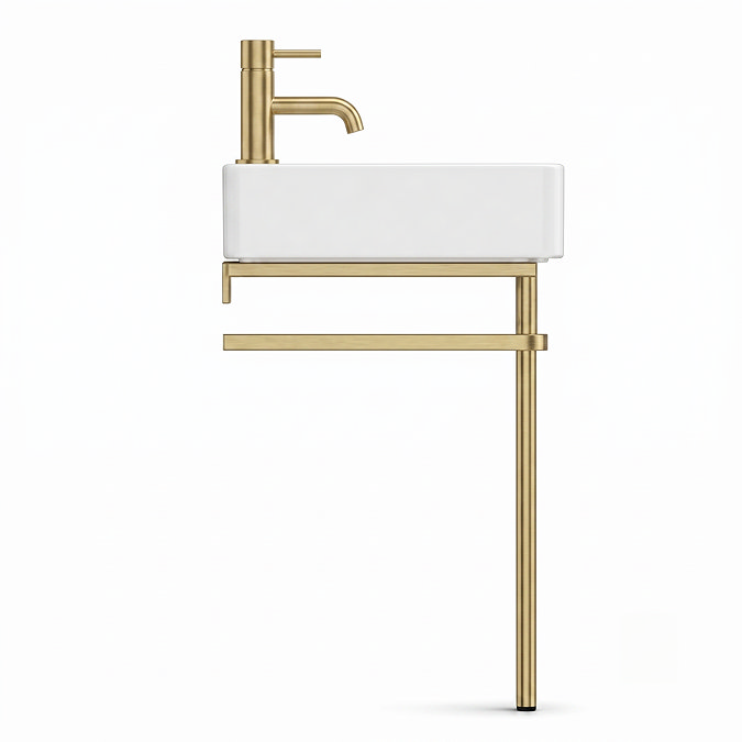 Arezzo 600 x 425mm Brushed Brass Washstand with Gloss White Ceramic Basin – 1 Tap Hole