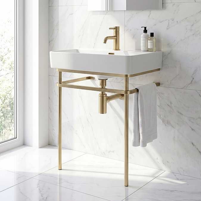 Arezzo 600 x 425mm Brushed Brass Washstand with Gloss White Ceramic Basin – 1 Tap Hole