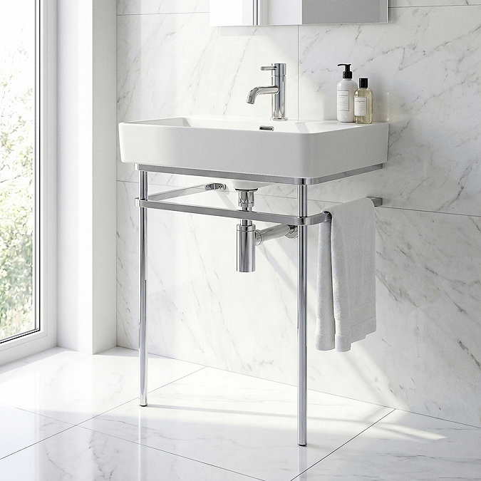 Arezzo 600 x 425mm Chrome Washstand with Gloss White Ceramic Basin – 1 Tap Hole