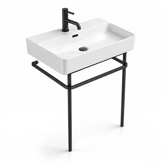 Arezzo 600 x 425mm Matt Black Washstand with Gloss White Ceramic Basin – 1 Tap Hole