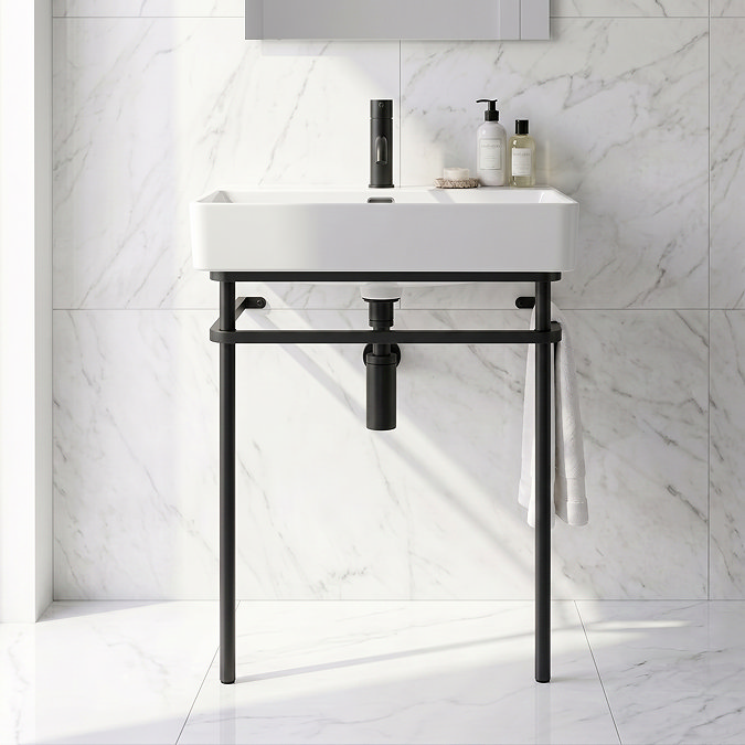 Arezzo 600 x 425mm Matt Black Washstand with Gloss White Ceramic Basin – 1 Tap Hole