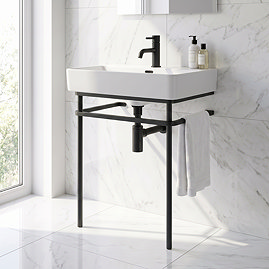 Arezzo 600 x 425mm Matt Black Washstand with Gloss White Ceramic Basin – 1 Tap Hole