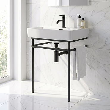 Arezzo 600 x 425mm Matt Black Washstand with Gloss White Ceramic Basin – 1 Tap Hole
